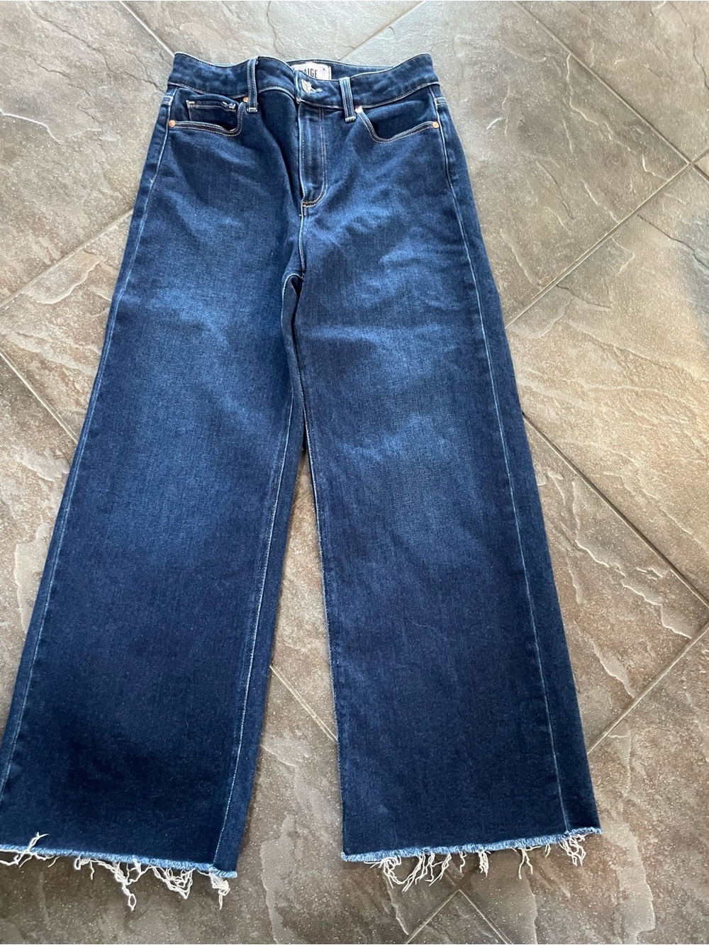 PAIGE Dark Indigo Wide-Leg Jeans with Frayed Hem
